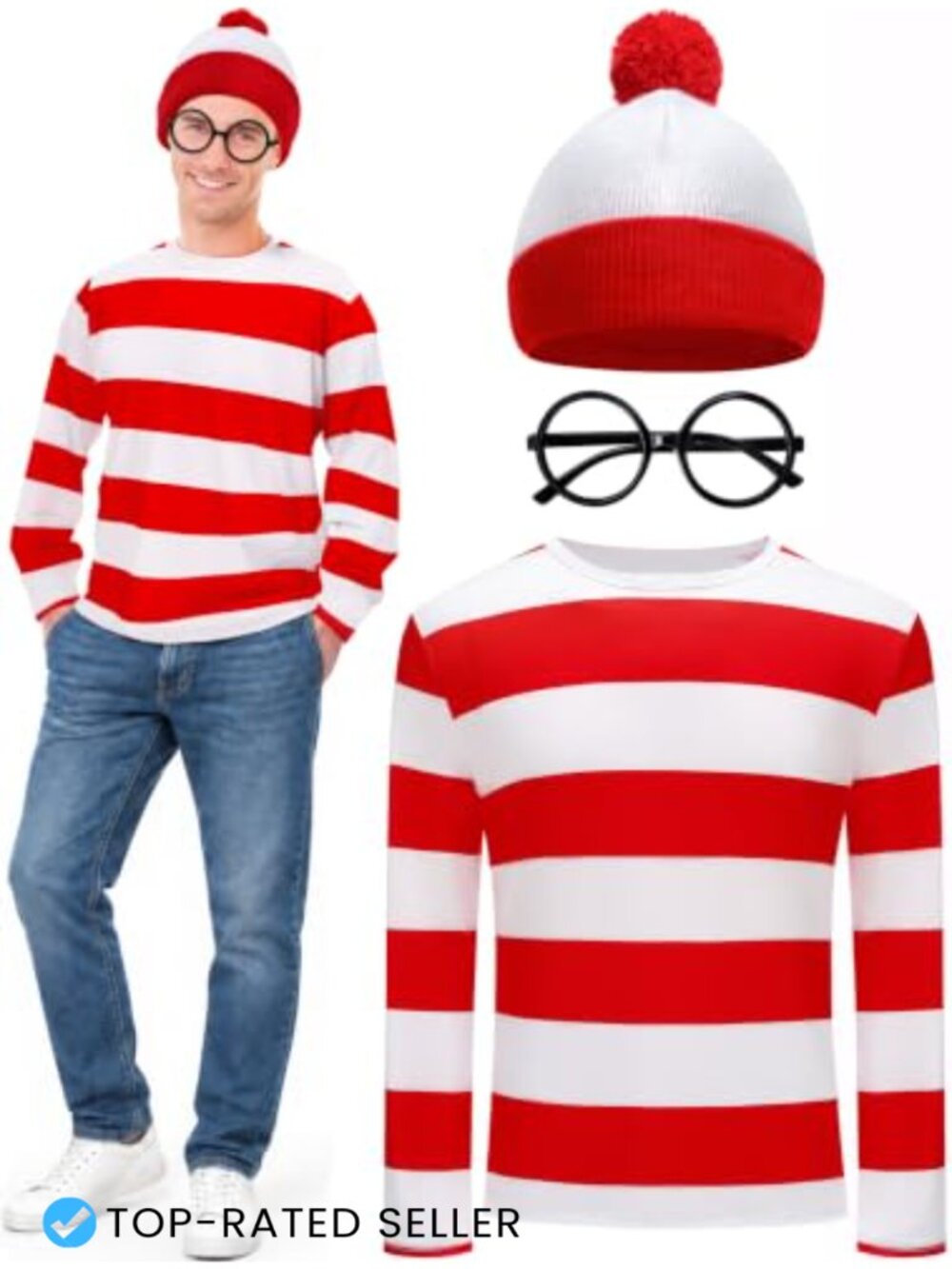 Adult Halloween Costume Set Striped Shirt Hat Glasses Cosplay 3 Pc